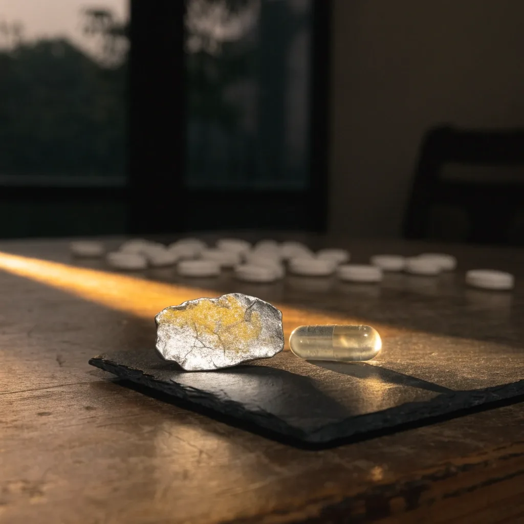 A zinc tablet and a clear gel capsule side by side on dark slate under a single warm light