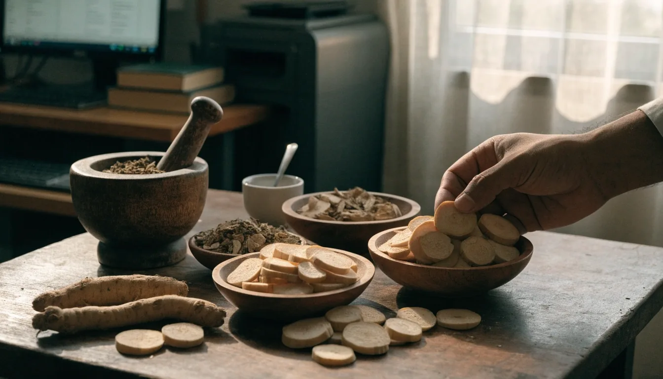 Dried ginseng roots and sliced maca laid out on a grey board in even daylight