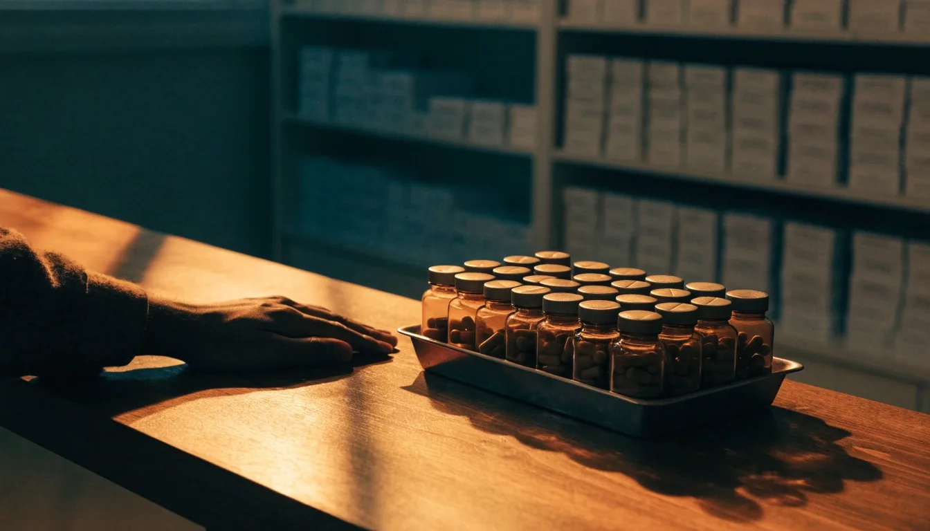 A hand resting on a walnut counter beside unlabelled supplement bottles in a dim Bandung office
