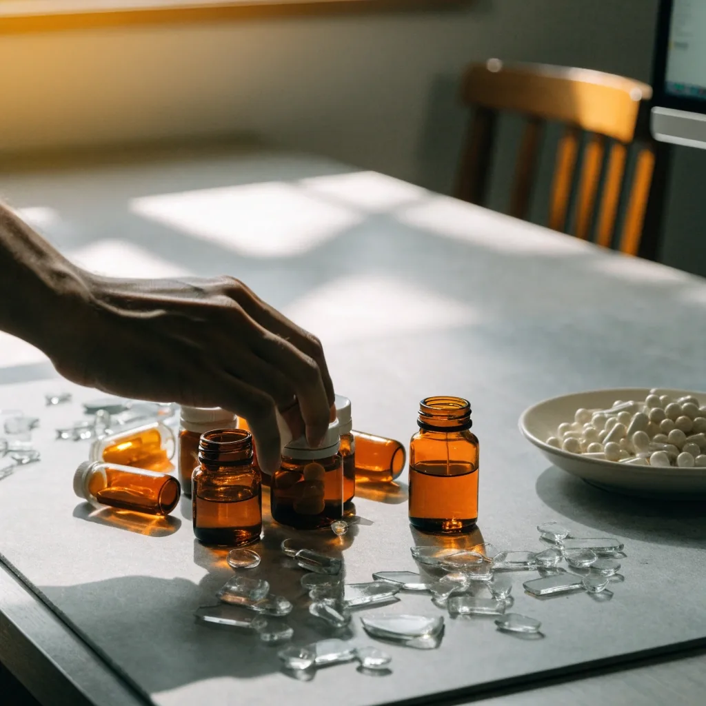 Unlabelled supplement bottles and a capsule dish arranged on a matte grey board