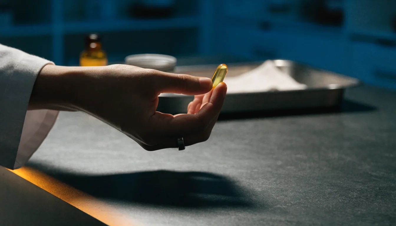 FocusStride editorial pharmacy counter at night with unbranded capsule jar