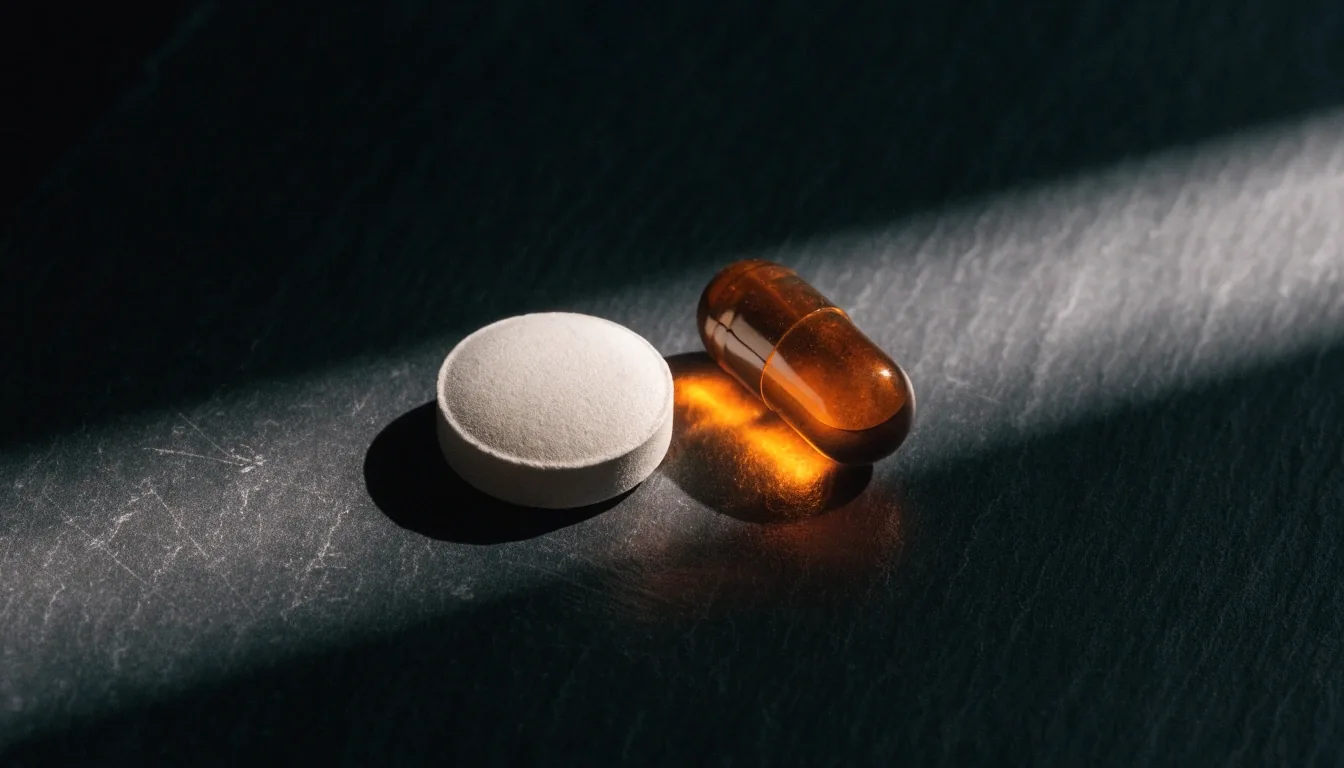 A white tablet and an amber gel capsule side by side on scratched dark slate under a raking amber light