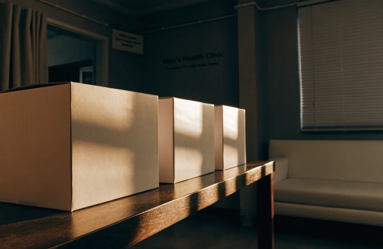 A row of identical plain white supplement boxes on a dark shelf under raking amber light