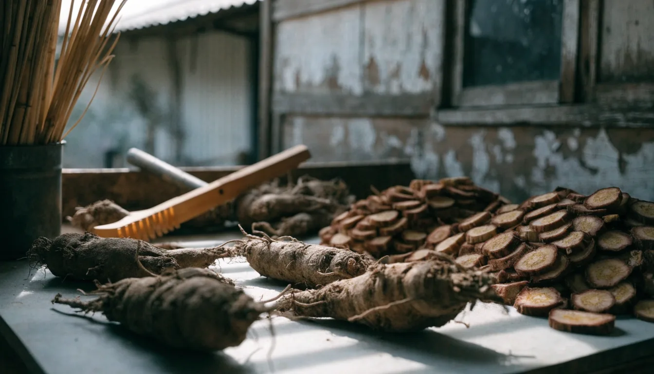 Ginseng roots and sliced maca root drying on a matte grey board under raking daylight