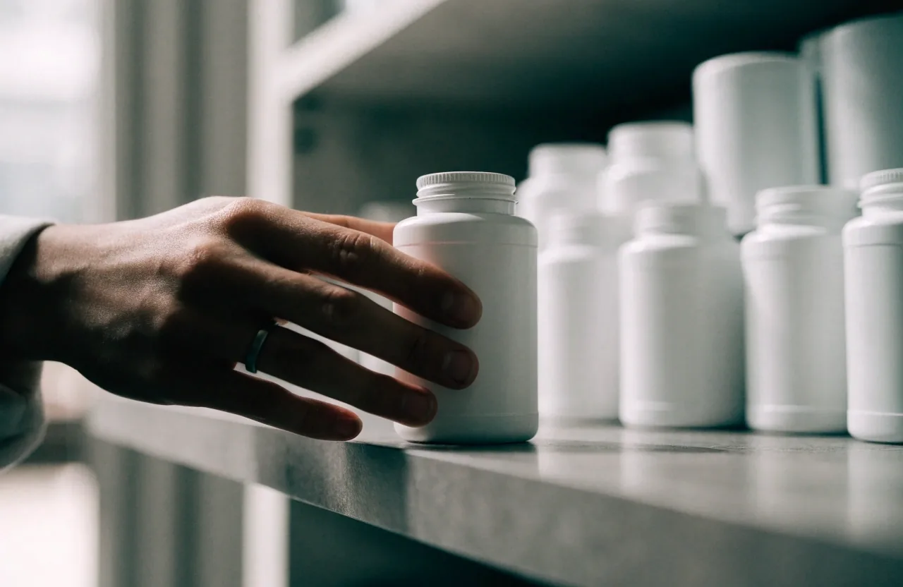 A hand turning over an unlabelled supplement bottle on a pharmacy counter