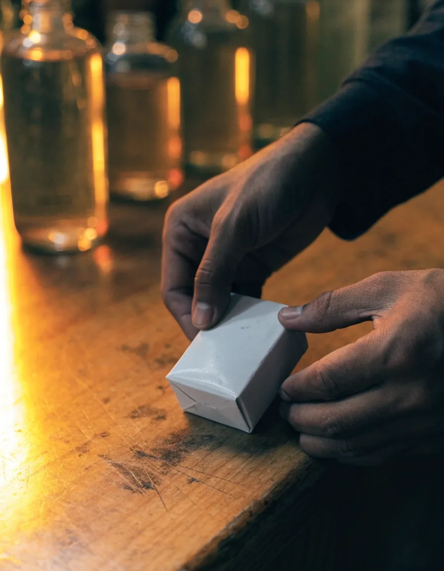 A man's hands turning an unmarked supplement carton on a pharmacy counter