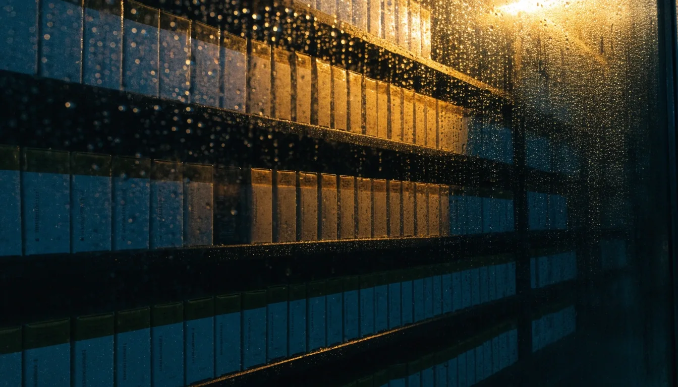 Supplement boxes on a pharmacy shelf behind rain-beaded glass at night