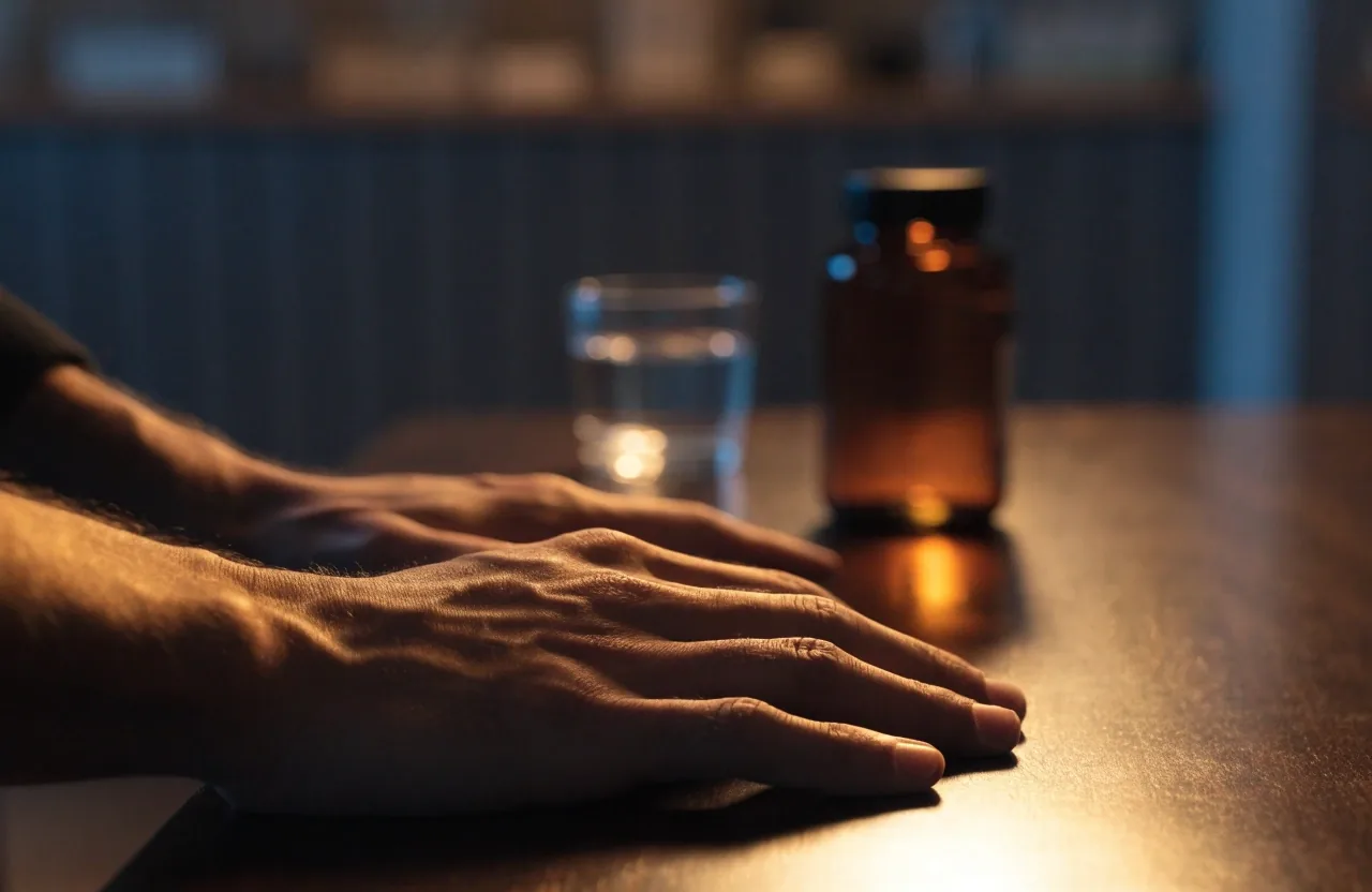 A man's hands resting flat on a dark pharmacy counter at night with unlabelled supplement bottles standing out of focus behind