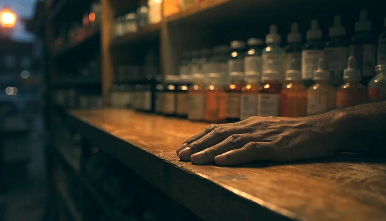 A hand resting on a pharmacy counter at dusk with unmarked bottles out of focus behind
