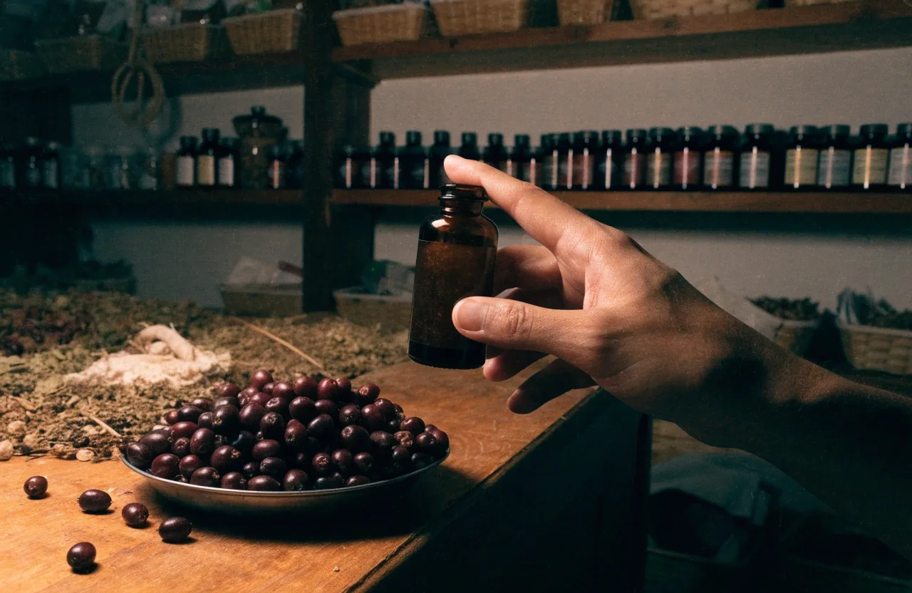 Hands turning an unlabelled supplement bottle to read the panel on a dark counter