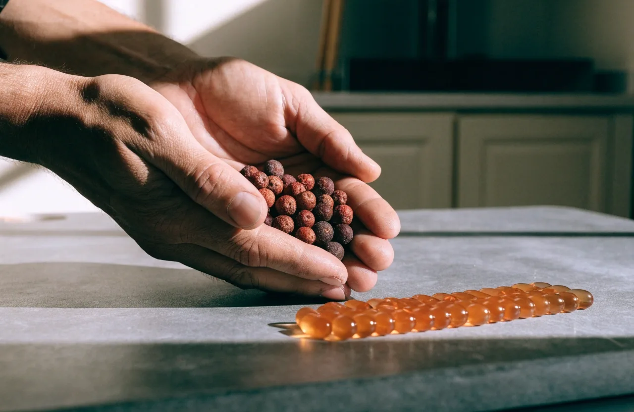 Saw palmetto berries beside a short row of amber softgel capsules on a matte grey board
