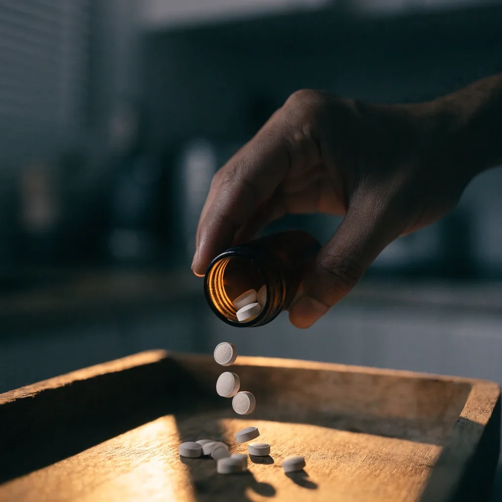 A zinc tablet and a gel capsule resting on dark slate under raking light