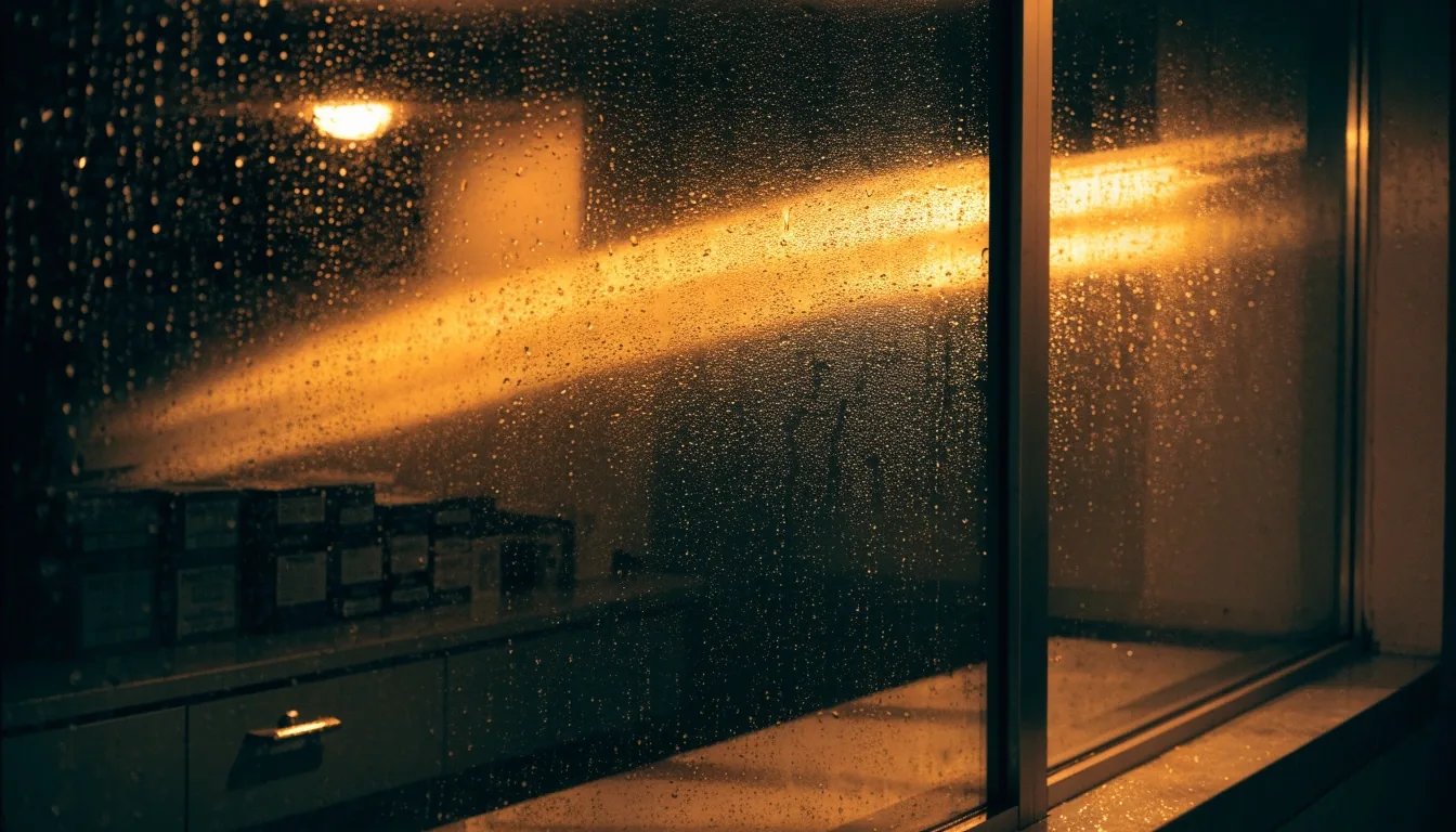 FocusStride: a Bandung pharmacy counter after closing, seen through rain-covered glass