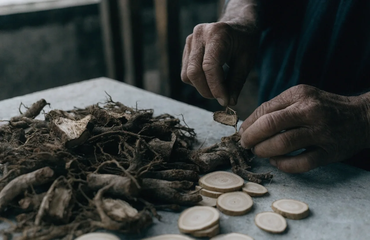 Ginseng root and sliced maca drying on a grey board